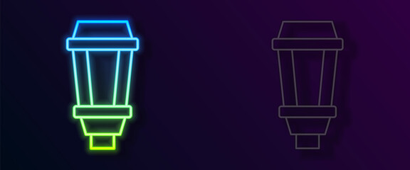 Glowing neon line Garden light lamp icon isolated on black background. Solar powered lamp. Lantern. Street lamp. Vector
