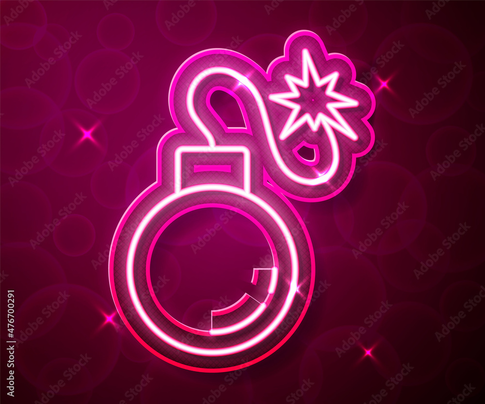 Poster glowing neon line bomb ready to explode icon isolated on red background. vector