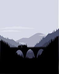 The locomotive rides on a bridge among the mountains. Vector illustration.