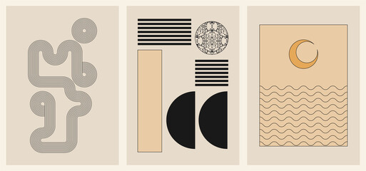 Set of three backgrounds for typography, decor design, covers. Vintage stylish illustration in boho style with arch, sun, lines, plant, stripes, pattern. Black and gold geometric shapes on beige.