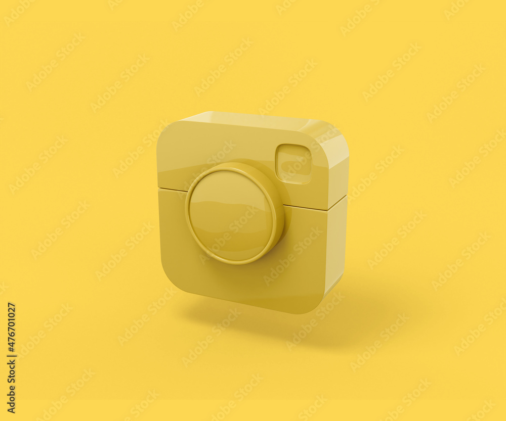 Poster yellow camera popular social network on a yellow background. minimalistic design object. 3d renderin