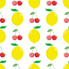 Summer seamless pattern with lemons and cherry on white background. Sweet tropical background for textile, fabric, decorative paper. Vector illustration