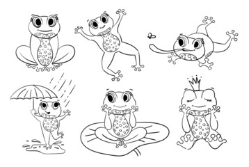 Contour illustration. Cute little Green Frog Smiles, Jumps, Hunts insects, dreams. set of vector illustrations for coloring