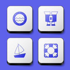 Set Ship porthole, Binoculars, Yacht sailboat and Lifebuoy icon. White square button. Vector