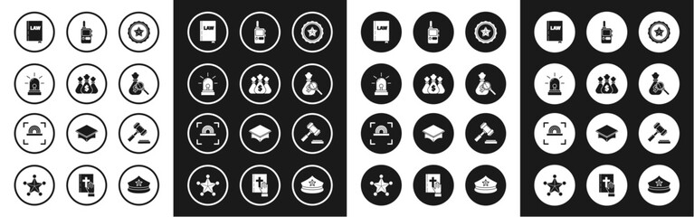 Set Police badge, Money bag, Flasher siren, Law book, and magnifying glass, Walkie talkie, Judge gavel and Fingerprint icon. Vector