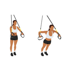 Fototapeta na wymiar Woman doing TRX Suspension straps chest press exercise. Flat vector illustration isolated on white background
