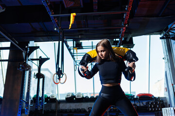 Fototapeta na wymiar Young woman goes in for sports in the gym. The concept of sports, fitness training. Woman Performs Heavy Weight Exercises