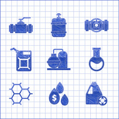 Set Oil and gas industrial factory building, Antifreeze canister, Test tube flask, Chemical formula consisting of benzene rings, Canister gasoline, Industry metallic pipes valve and icon. Vector