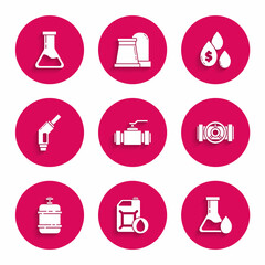 Set Industry metallic pipes and valve, Canister for motor machine oil, Oil petrol test tube, Propane gas tank, Gasoline pump nozzle, drop with dollar symbol and Test flask icon. Vector