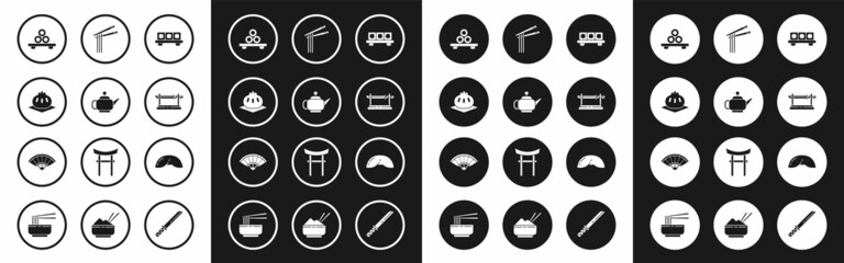 Fototapeta premium Set Sushi on cutting board, Japanese tea ceremony, Khinkali, Traditional katana, Asian noodles and chopsticks, Chinese fortune cookie and Paper chinese japanese folding fan icon. Vector