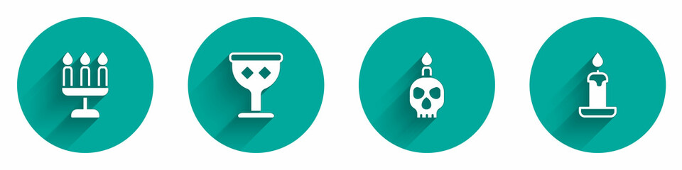 Set Candlestick, Medieval goblet, Burning candle on skull and icon with long shadow. Vector