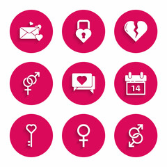 Set Like and heart, Female gender symbol, Male, Calendar with February 14, Key in shape, Gender, Broken or divorce and Envelope icon. Vector