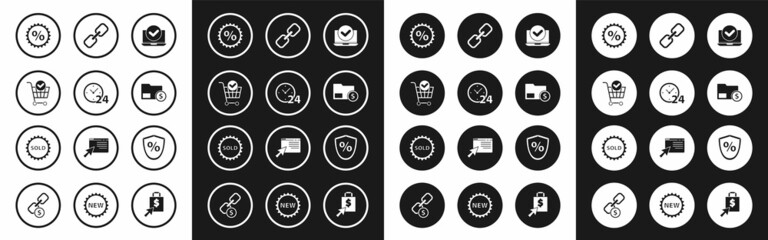 Set Laptop, Clock 24 hours, Shopping cart with check mark, Discount percent tag, Envelope coin dollar, Chain link, Loan and Sold label icon. Vector