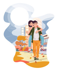 A guy and a girl are walking around the autumn city. Colorful detailed illustration with a young couple. Love story of one pair.