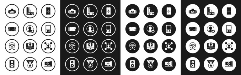 Set Smartphone and playing in game, Premium create account screen, Portable video console, Ar, augmented reality, Game with joystick, Share and Racing simulator cockpit icon. Vector