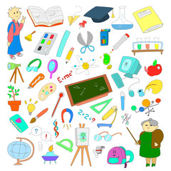 Collection of school supplies in the style of colored doodle.