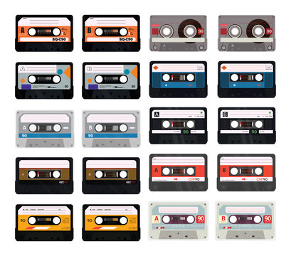 Vector collection of colorful retro cassettes.