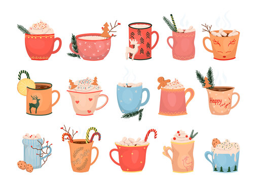 Set of Christmas hot drinks in colorful mugs. Detailed New Years illustrations.