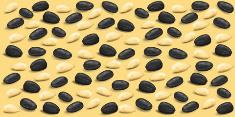 Vector pattern of sunflower seeds on a yellow background. Seeds in the shell and kernels of sunflower seeds