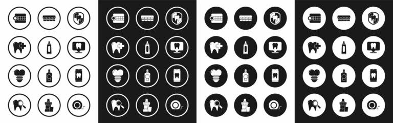 Set Dental protection, Tube of toothpaste, clinic for dental care, Dentures model, location, Teeth with braces, Online and implant icon. Vector