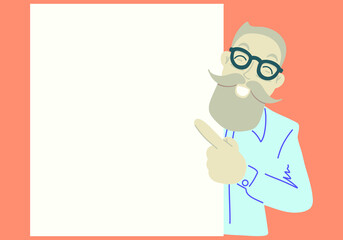 Asian man with beard wearing glasses points a finger at a white banner and smiles. Vector illustration