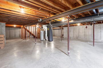 Empty basement with hanging boxing bags