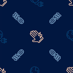 Set line Global energy planet with plug, LED light bulb and Electric glove on seamless pattern. Vector