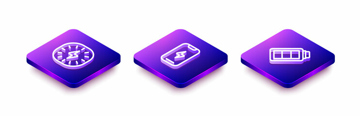 Set Isometric line Lightning bolt, Mobile phone and Battery charge icon. Vector