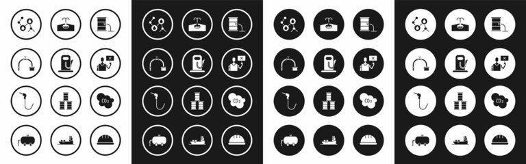 Set Barrel oil leak, Petrol or gas station, Industry pipe and valve, Molecule, Nature saving protest, Oilfield, CO2 emissions cloud and Gasoline pump nozzle icon. Vector