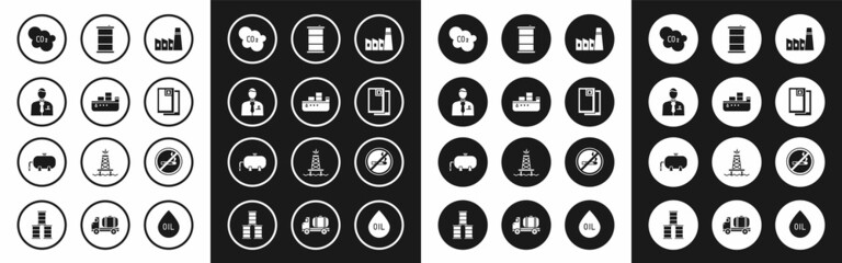 Set Oil industrial factory building, tanker ship, Businessman stock market trader, CO2 emissions cloud, Barrel oil, No Smoking and icon. Vector