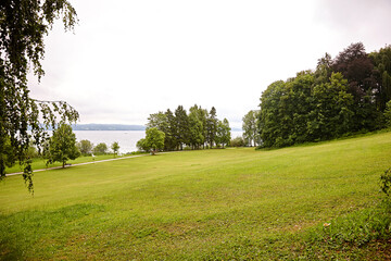 Panorama / Grüne Wiese vor grünen Bäumen mit See im Hintergrund