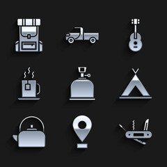 Set Camping gas stove, Location, Swiss army knife, Tourist tent, Kettle with handle, Cup of tea tea bag, Guitar and Hiking backpack icon. Vector