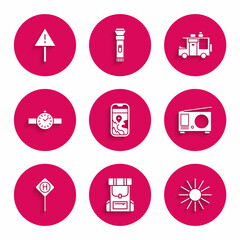 Set City map navigation, Hiking backpack, Sun, Radio with antenna, Parking, Wrist watch, Rv Camping trailer and Exclamation mark triangle icon. Vector