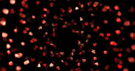 Naklejka na ściany i meble Abstract cluster of red fractal dots swirl the center on dark background. Fantasy light background. Generative art. 3d rendering.