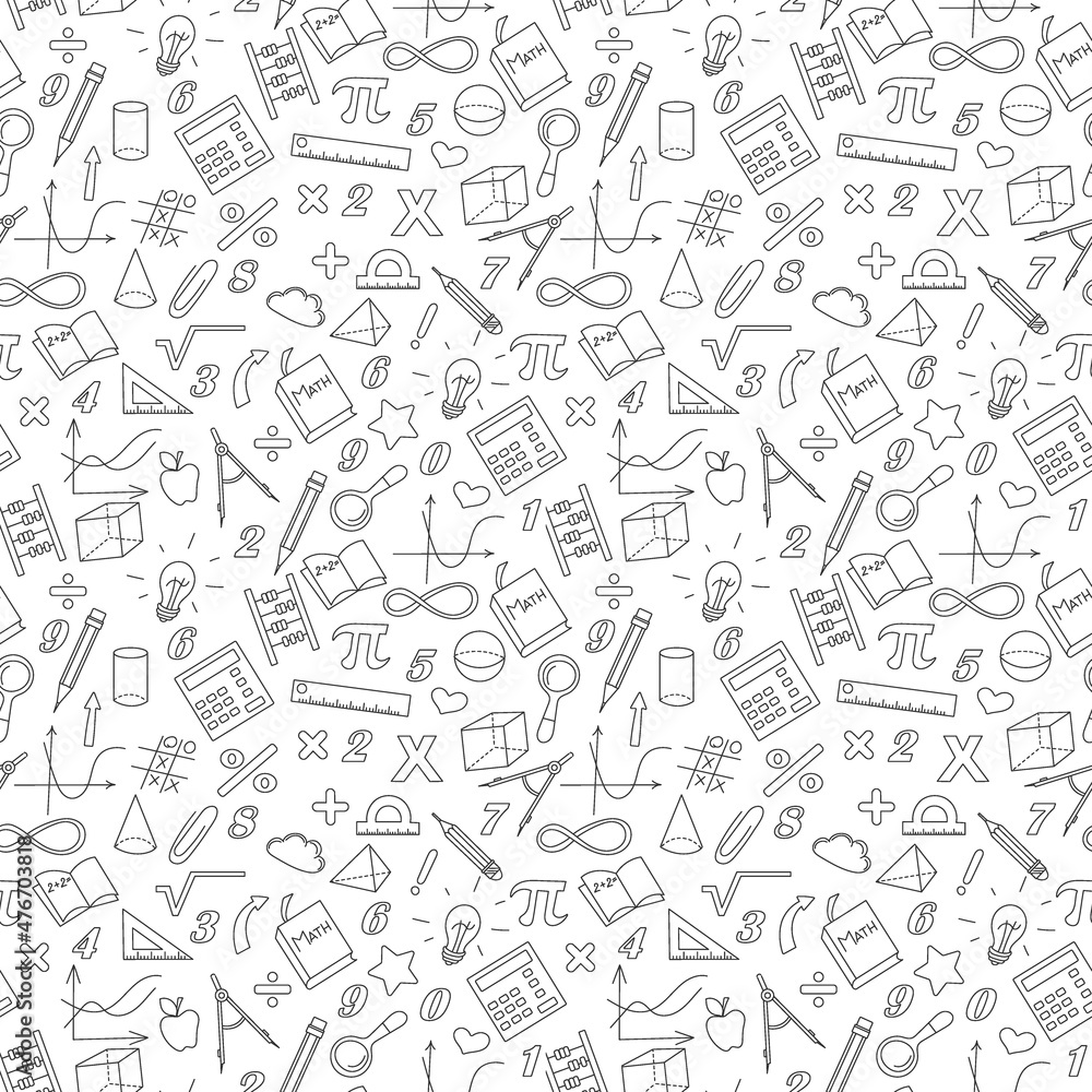 Wall mural seamless background with simple icons on the theme of mathematics and learning , the dark contour on