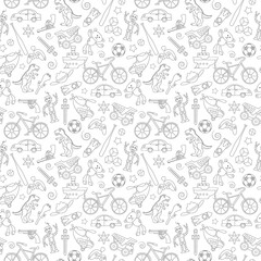 Seamless pattern on the theme of childhood and toys, toys for boys, black contour icons on white background