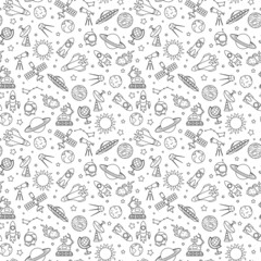 Seamless pattern on the theme of space and space flight, the dark contour icons on white background