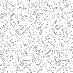 Seamless pattern on the theme of science and inventions, diagrams, charts, and equipment, simple contour icons on white background