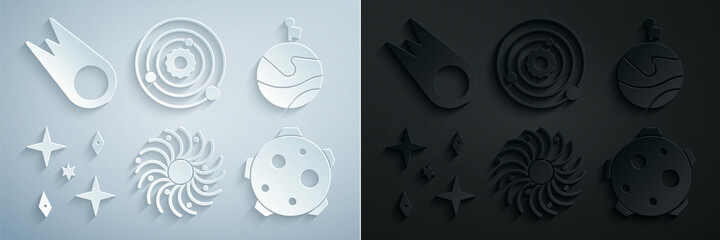Set Black hole, Moon with flag, Falling stars, Planet, Solar system and Comet falling down fast icon. Vector