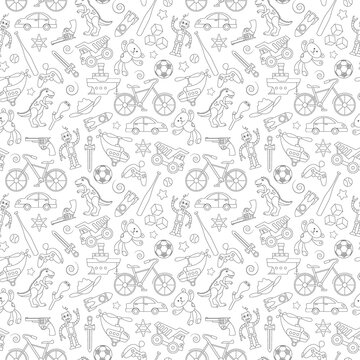 Seamless pattern on the theme of childhood and toys, toys for boys, black contour icons on white background