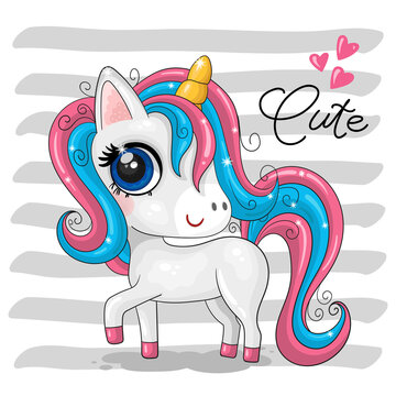 Cute Cartoon Unicorn with lettering cute and hearts shapes. Good for greeting cards, invitations, decoration, Print for Baby Shower etc.