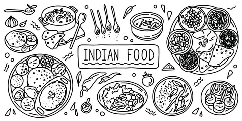 Indian cuisine, food. Line simple doodle outline style. Vector stock black and white illustration.