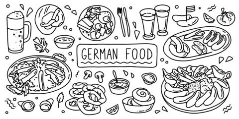 Georgian cuisine, food. Simple doodle outline style. Raster stock black and white illustration.