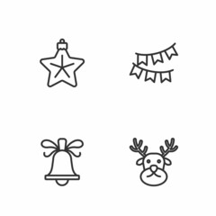 Set line Reindeer, Christmas ringing bell, star and Carnival garland with flags icon. Vector