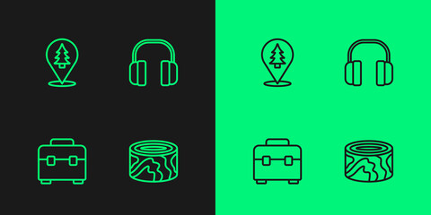 Set line Wooden logs, Toolbox, Location of the forest and Headphones icon. Vector