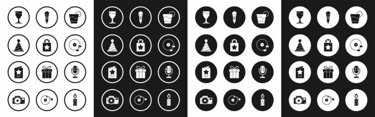 Fototapeta premium Set Cocktail, Paper shopping bag, Party hat, Wine glass, Vinyl disk, Microphone, and Greeting card icon. Vector