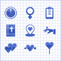 Set Location with heart, Amour and arrow, Balloon in form of, Wedding rings hand, Heart, Holy bible book, Clipboard checklist and Clock icon. Vector