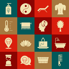 Set Hairbrush, Bathtub, Sauna broom, Sunbed and umbrella, Towel on hanger, thermometer, Essential oil bottle and Yin Yang icon. Vector