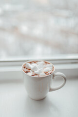Cocoa with white marshmallows on the windowsill
