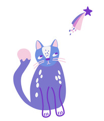 Cute cat looks at a star. Star comet. Cartoon animal character cat. Dreamy. Kawaii animal. Vector Illustration for babies, kids, greeting card, print, posters design.